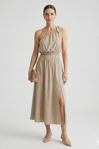 Elena | One-Shoulder Top and Elastic Waist Midi Skirt