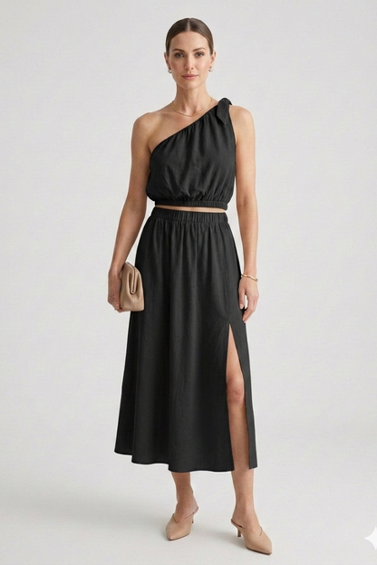 Elena | One-Shoulder Top and Elastic Waist Midi Skirt
