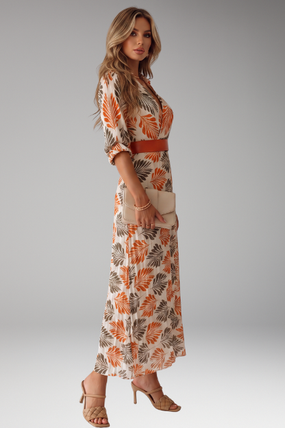 Isla | Tropical Leaf Print Pleated Maxi Dress with Belt and 3/4 Sleeves