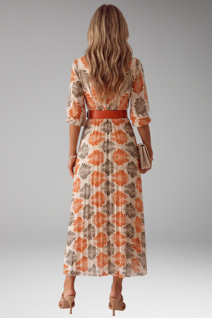 Isla | Tropical Leaf Print Pleated Maxi Dress with Belt and 3/4 Sleeves