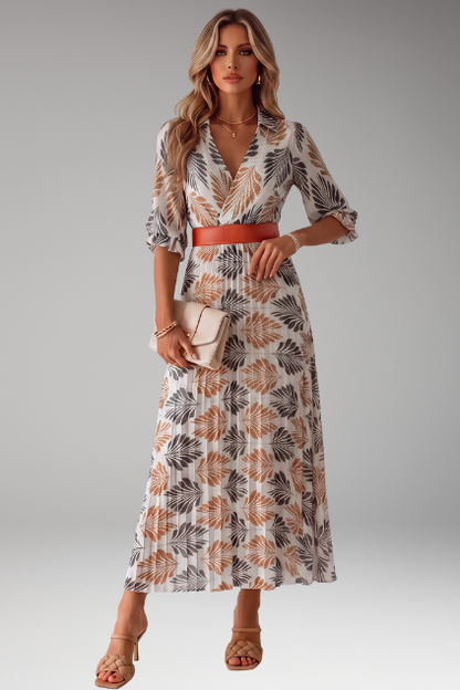 Isla | Tropical Leaf Print Pleated Maxi Dress with Belt and 3/4 Sleeves