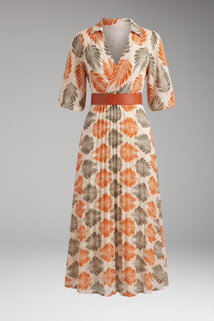 Isla | Tropical Leaf Print Pleated Maxi Dress with Belt and 3/4 Sleeves