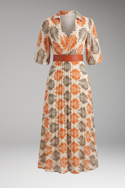 Isla | Tropical Leaf Print Pleated Maxi Dress with Belt and 3/4 Sleeves