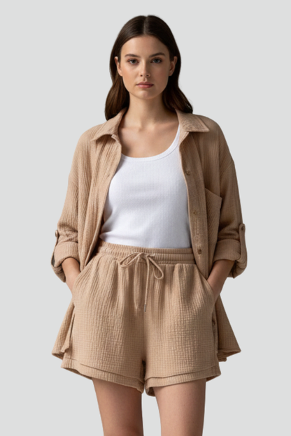 Lila | Chic Button-Up Shirt & Drawstring Shorts Set