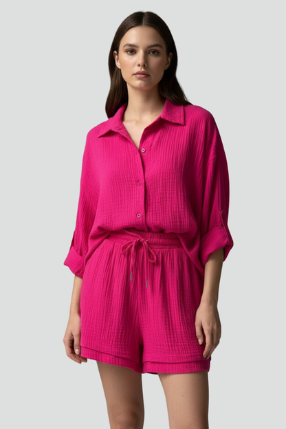 Lila | Chic Button-Up Shirt & Drawstring Shorts Set