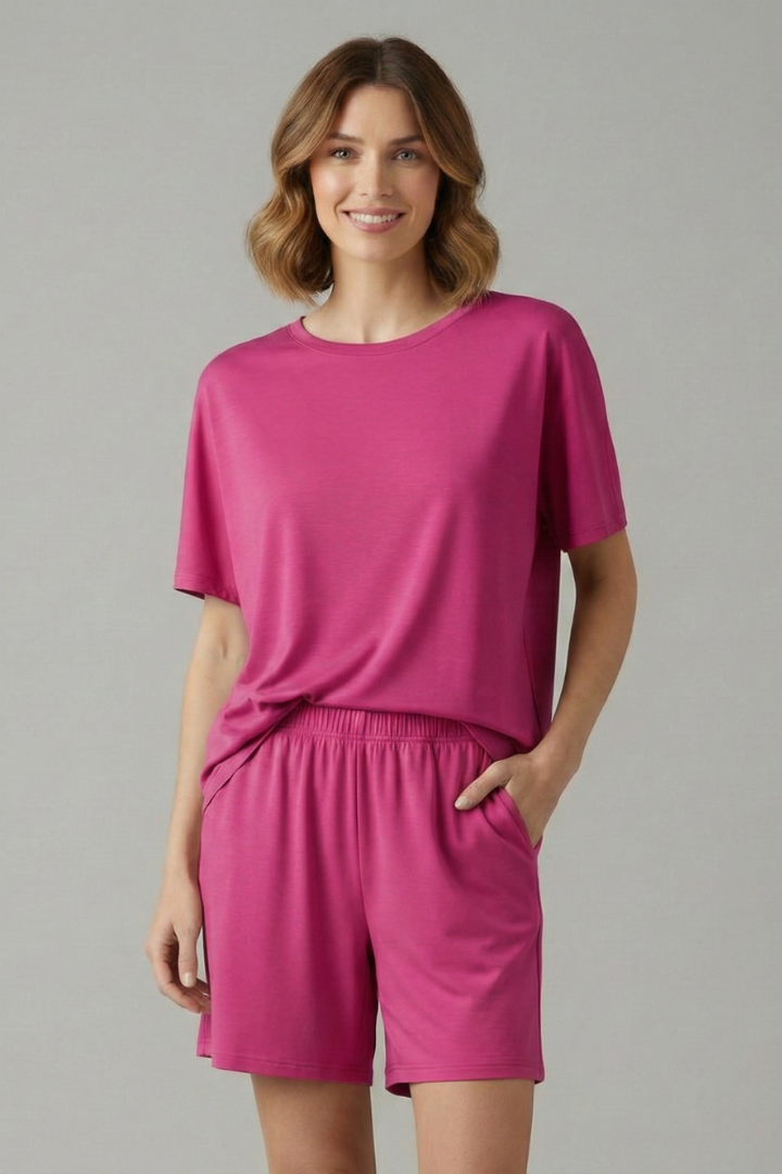 Lena | Chic Round Neck Top & Elastic Waist Shorts Set