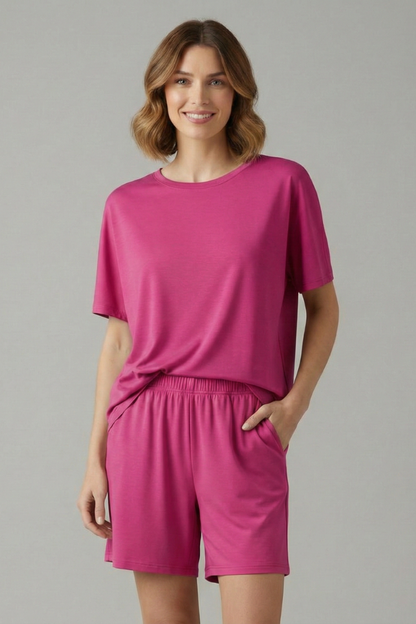 Lena | Chic Round Neck Top & Elastic Waist Shorts Set