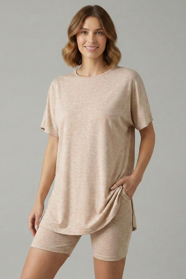 Lena | Chic Round Neck Top & Elastic Waist Shorts Set