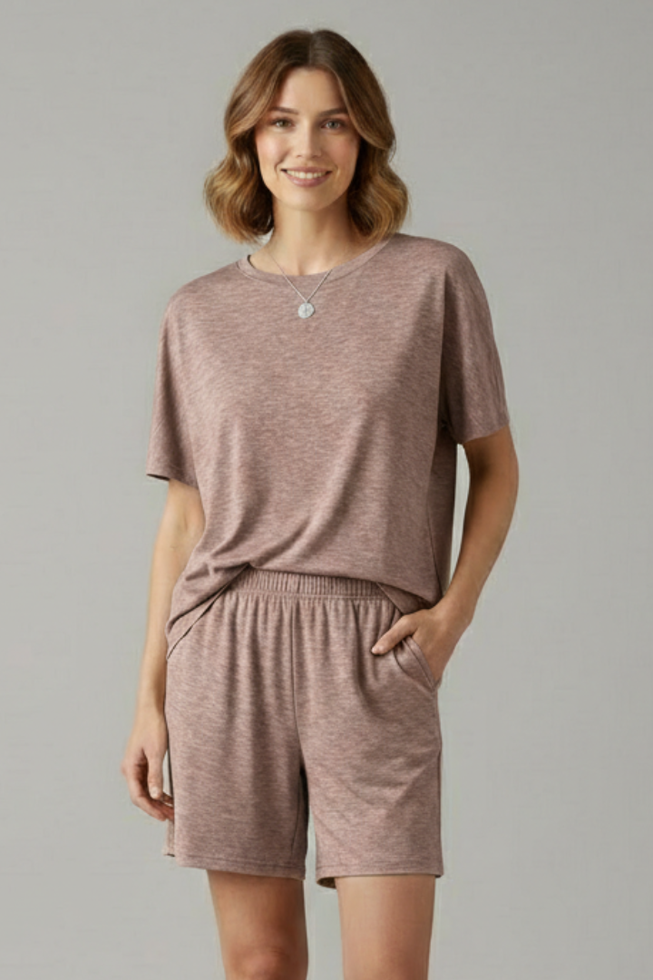 Lena | Chic Round Neck Top & Elastic Waist Shorts Set