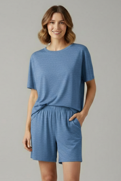 Lena | Chic Round Neck Top & Elastic Waist Shorts Set
