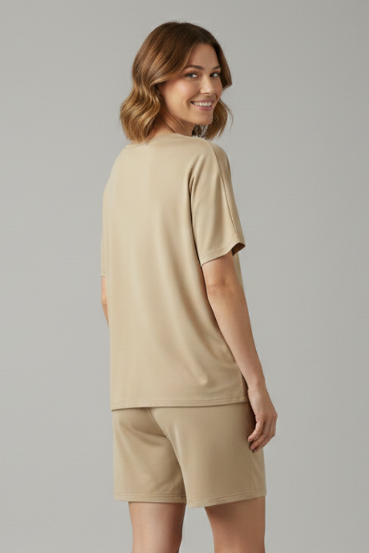 Lena | Chic Round Neck Top & Elastic Waist Shorts Set