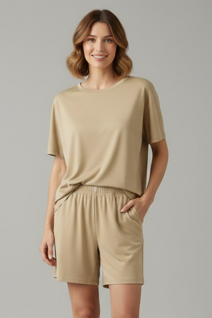 Lena | Chic Round Neck Top & Elastic Waist Shorts Set