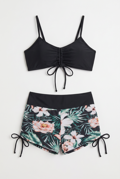 Lila | Ruched Drawstring Swim Set with Floral Shorts