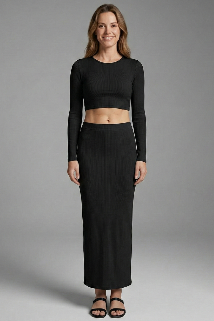 Lila | Chic Two Piece Set with Long Sleeve Top and Maxi Skirt