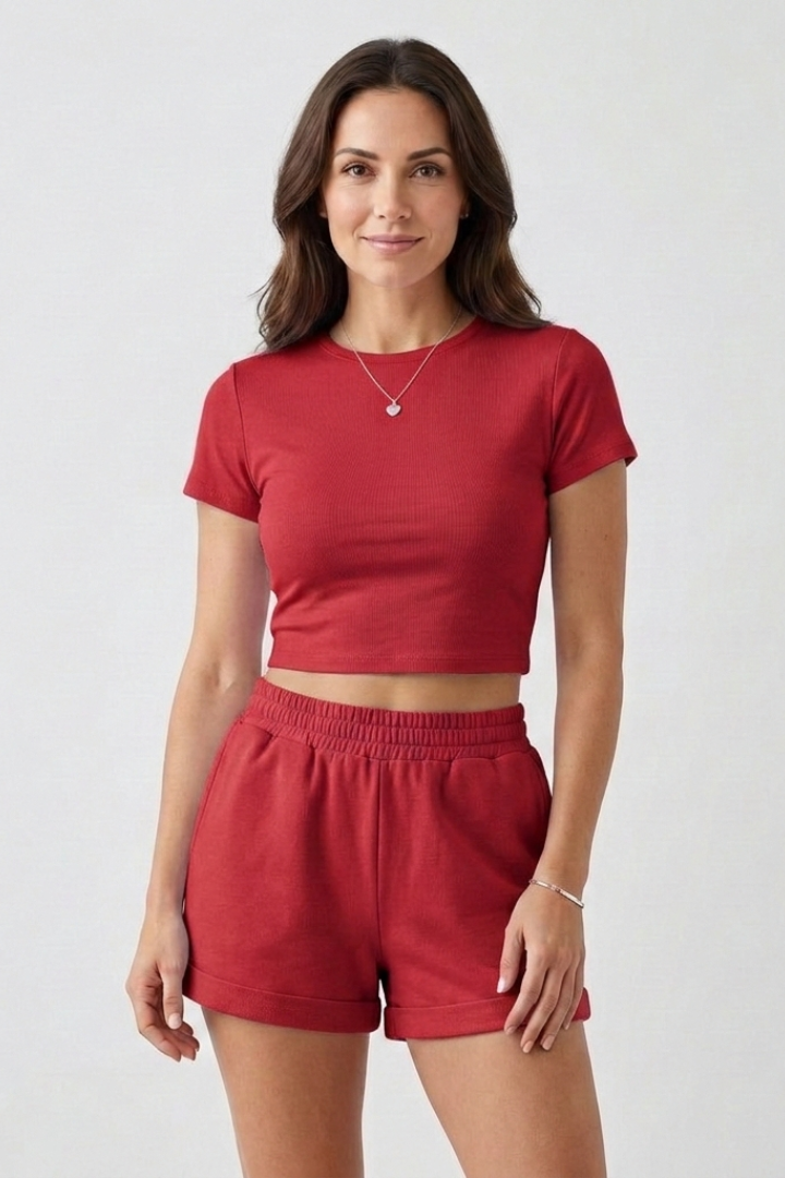 Lena | Chic Two Piece Set with Short Sleeve Top and Elastic Waist Shorts