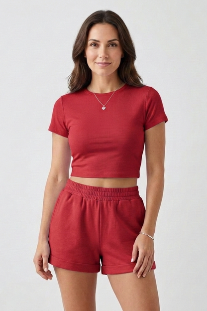 Lena | Chic Two Piece Set with Short Sleeve Top and Elastic Waist Shorts