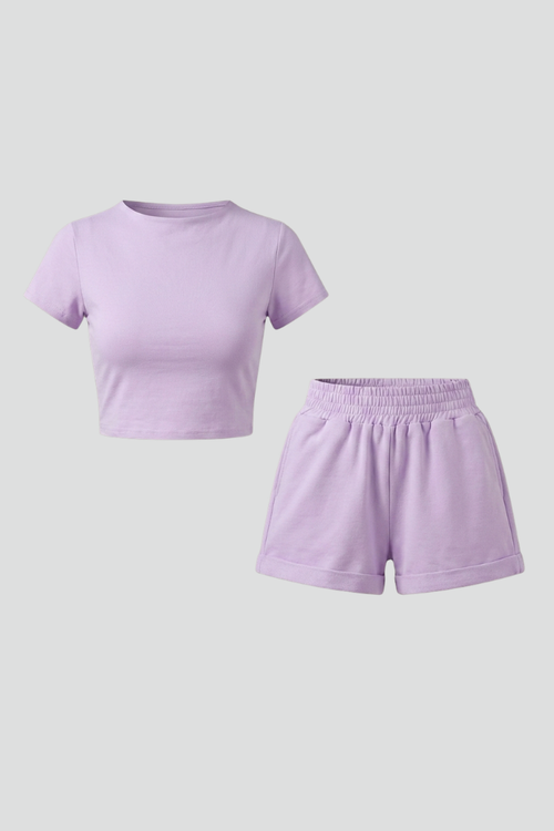Lena | Chic Two Piece Set with Short Sleeve Top and Elastic Waist Shorts