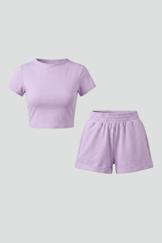 Lena | Chic Two Piece Set with Short Sleeve Top and Elastic Waist Shorts