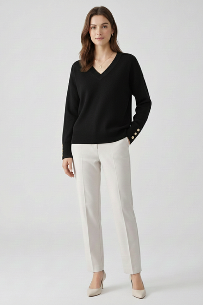 Lila | V-Neck Sweater with Dropped Shoulders and Buttoned Cuffs