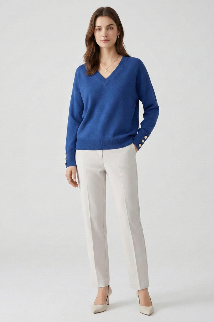 Lila | V-Neck Sweater with Dropped Shoulders and Buttoned Cuffs
