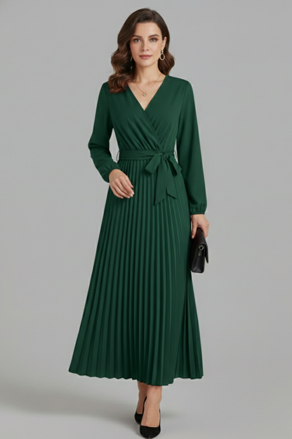 Lila | V-neck Pleated Maxi Dress with Tie Waist