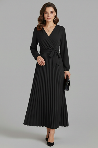Lila | V-neck Pleated Maxi Dress with Tie Waist