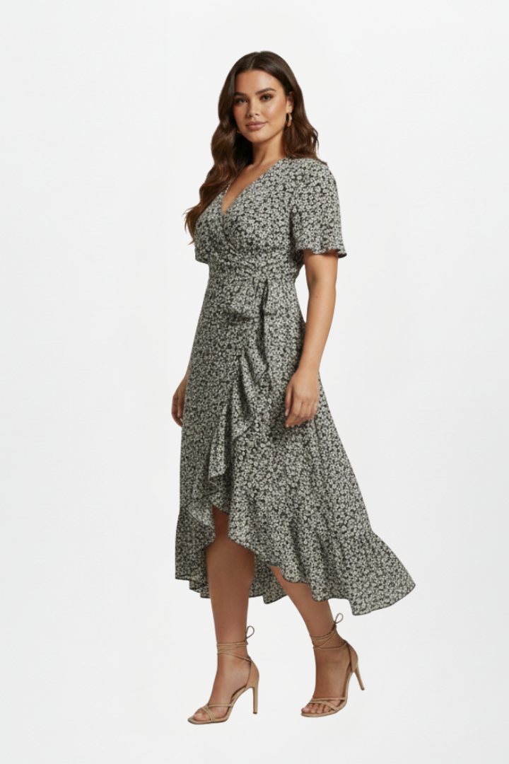 Lila | Elegant V-Neck Wrap Dress with Short Sleeves