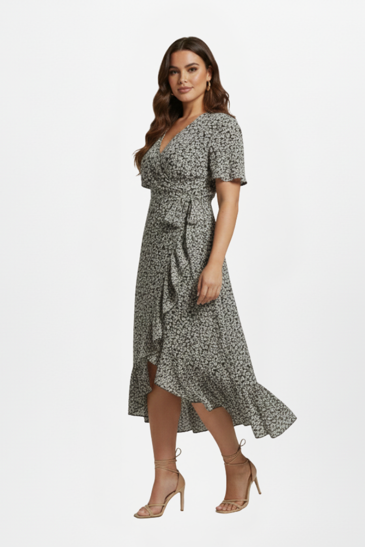 Lila | Elegant V-Neck Wrap Dress with Short Sleeves