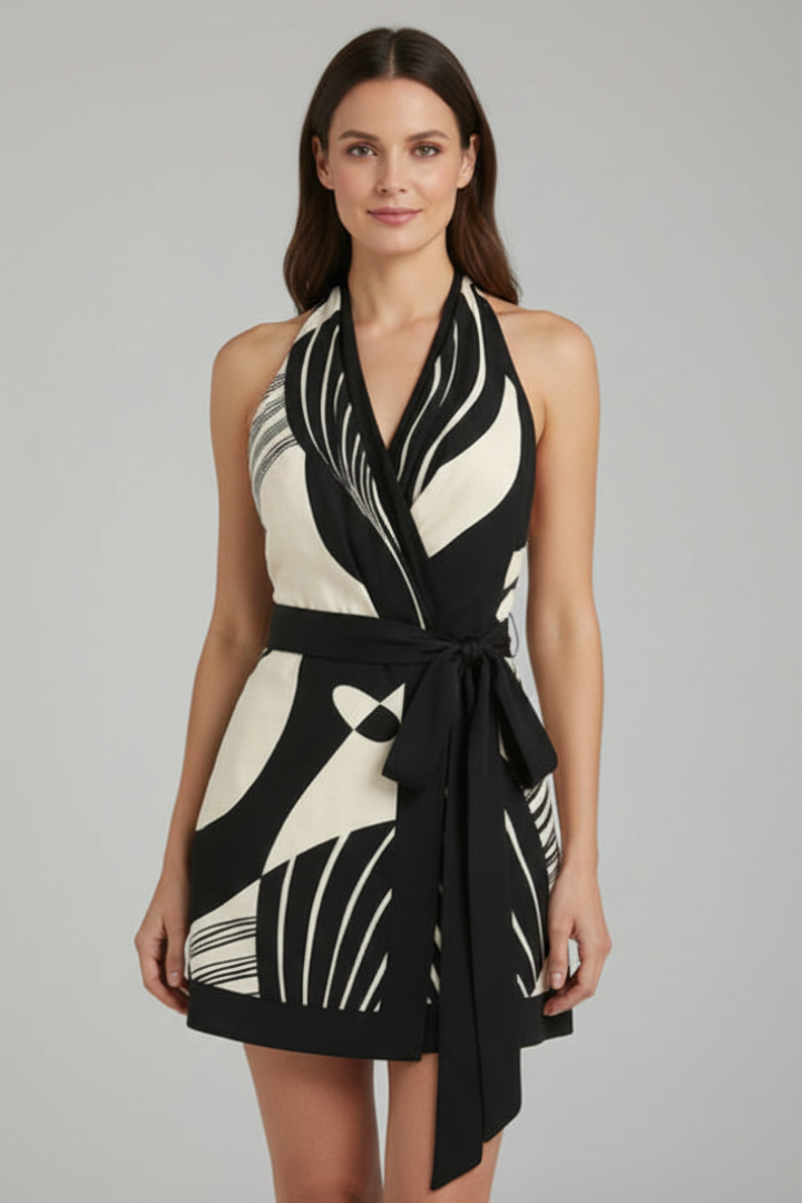 Lena | Wrap Halter Mini Dress with Tie Waist