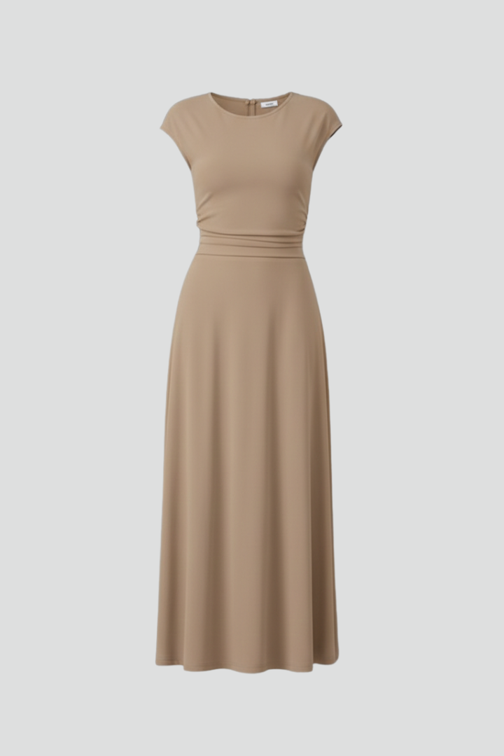 Elena | High-Waist Midi Dress with Cap Sleeves
