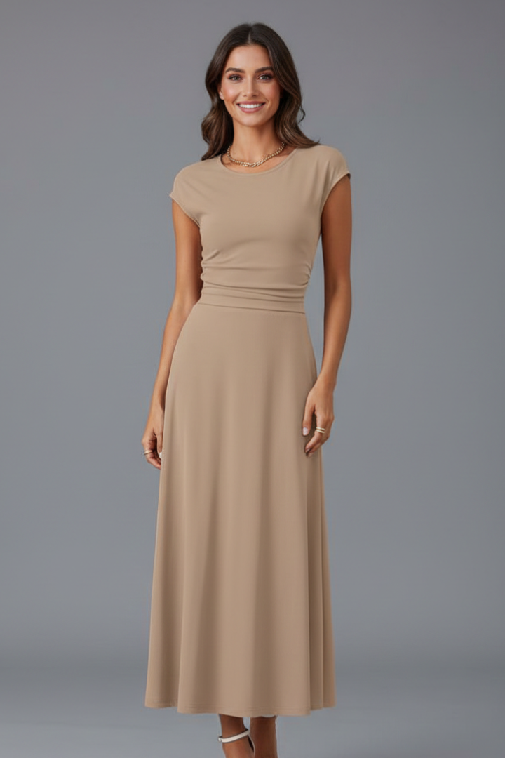 Elena | High-Waist Midi Dress with Cap Sleeves