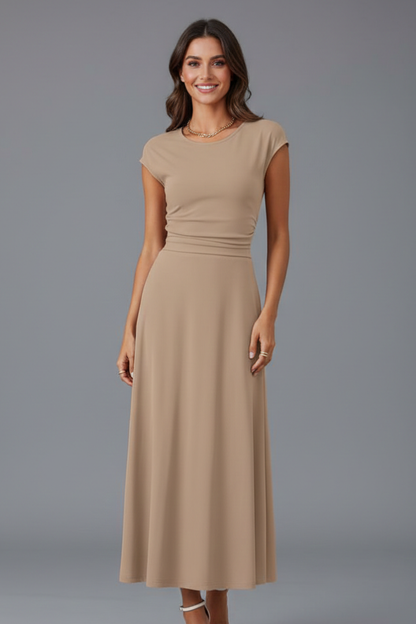 Elena | High-Waist Midi Dress with Cap Sleeves