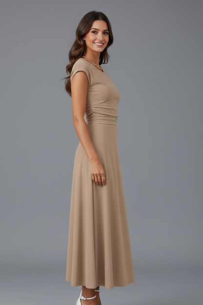 Elena | High-Waist Midi Dress with Cap Sleeves