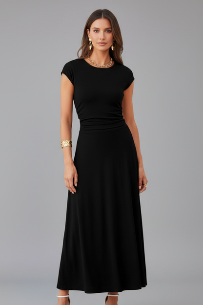 Elena | High-Waist Midi Dress with Cap Sleeves