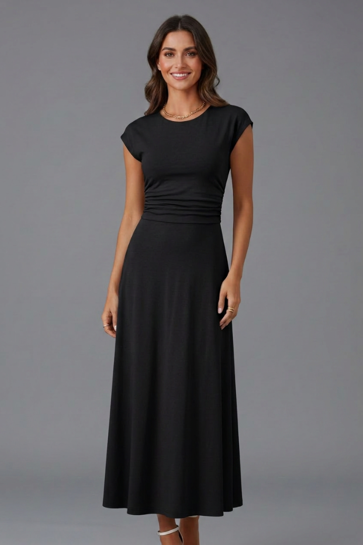 Elena | High-Waist Midi Dress with Cap Sleeves
