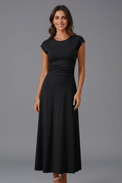 Elena | High-Waist Midi Dress with Cap Sleeves