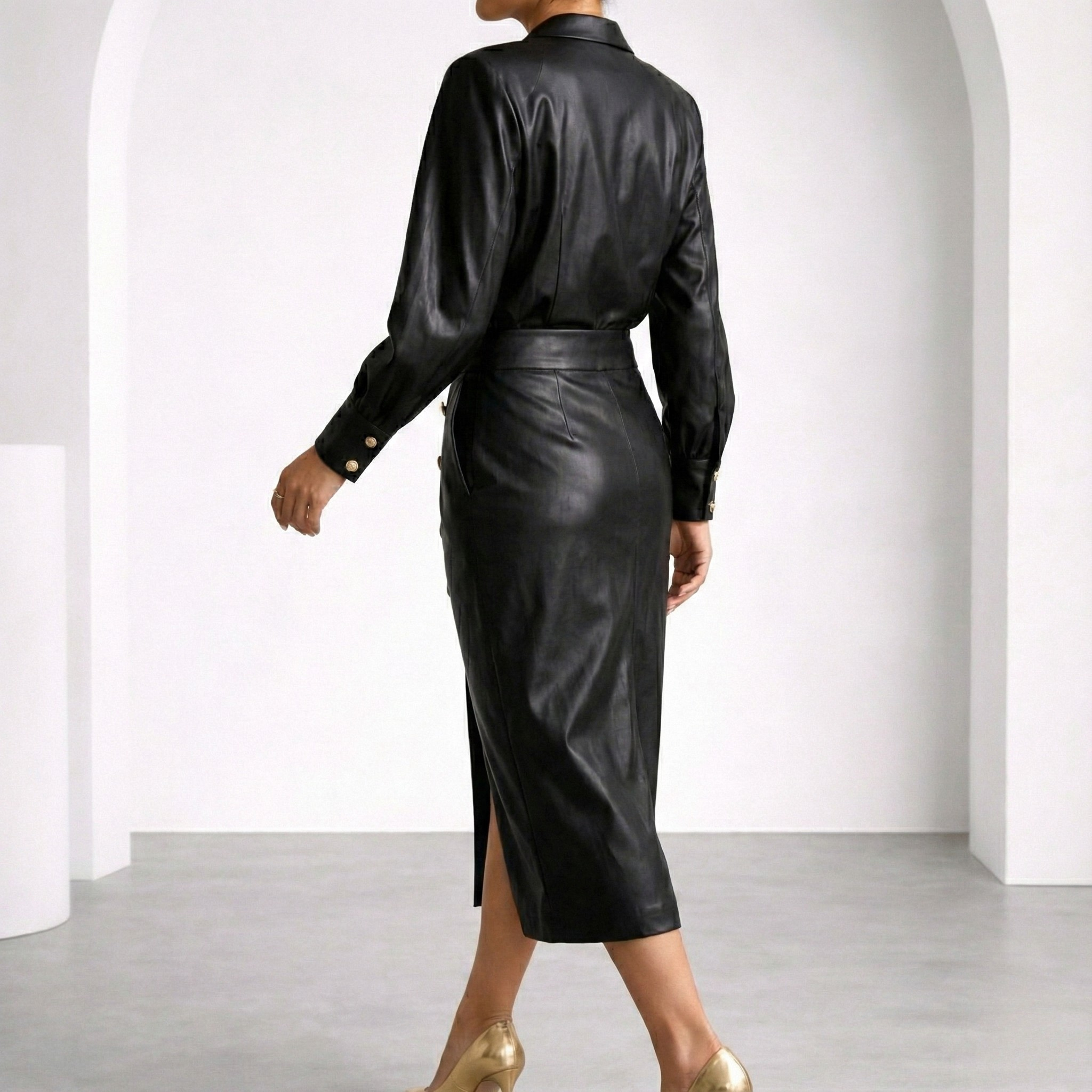 Georgiana | Italian Leather Belted Dress with Gold Buttons