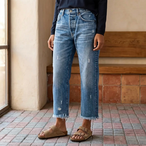 Vivara – Women's Retro Fringed Cropped Straight Leg Jeans
