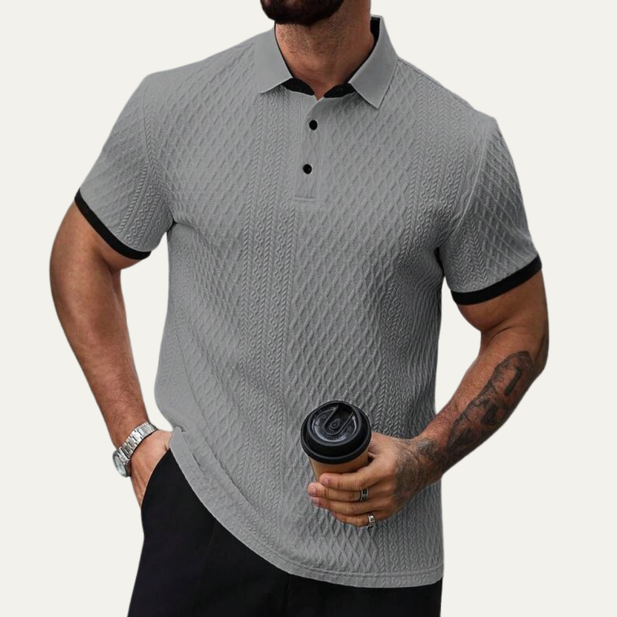 Luca | Textured Knit Polo Shirt with Contrast Collar