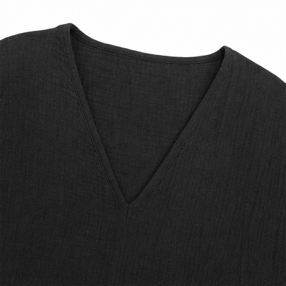 Sereva – Women's Relaxed V-Neck Linen Blouse with Three-Quarter Sleeves and Curved Hem