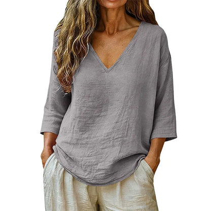 Sereva – Women's Relaxed V-Neck Linen Blouse with Three-Quarter Sleeves and Curved Hem