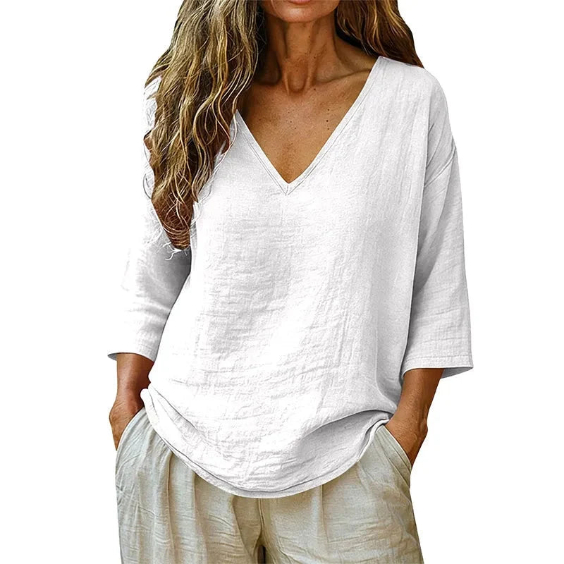 Sereva – Women's Relaxed V-Neck Linen Blouse with Three-Quarter Sleeves and Curved Hem