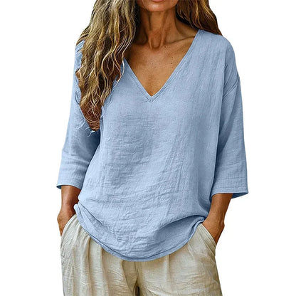 Sereva – Women's Relaxed V-Neck Linen Blouse with Three-Quarter Sleeves and Curved Hem