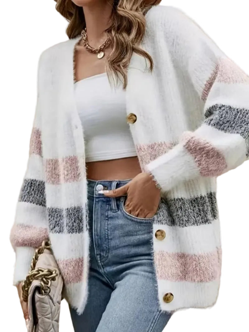 Lila | Fuzzy V-Neck Striped Cardigan