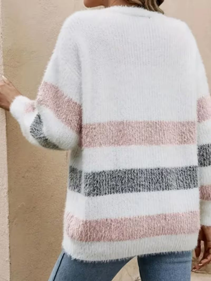 Lila | Fuzzy V-Neck Striped Cardigan