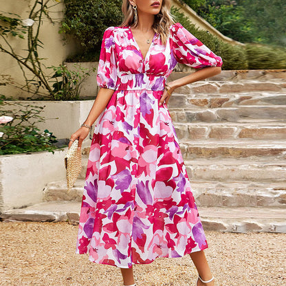 Lila | Abstract Print Puff Sleeve Midi Dress