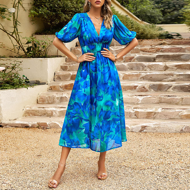 Lila | Abstract Print Puff Sleeve Midi Dress