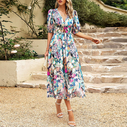 Lila | Abstract Print Puff Sleeve Midi Dress
