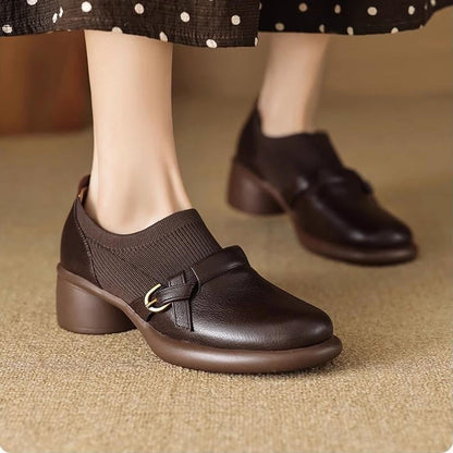 Lena | Textured Panel Block Heel Shoes with Buckle Strap