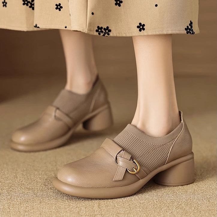 Lena | Textured Panel Block Heel Shoes with Buckle Strap